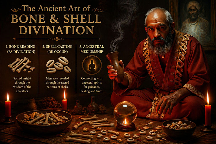 Cowrie shell divination spread on a sacred mat